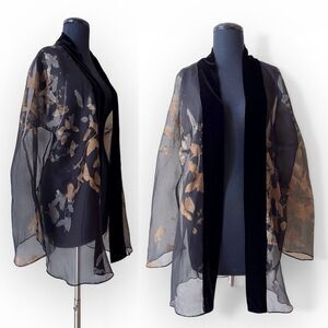 Vintage Susan Unger Sheer Silk Chiffon Jacket M Black Bronze Velvet Kimono USA